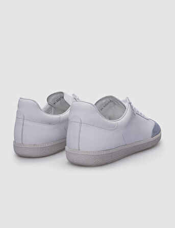 %100 Hakiki Deri Beyaz - Mavi Süet Bağcıklı Erkek Sneaker