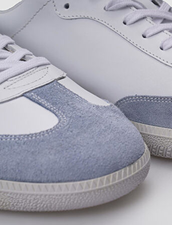 %100 Hakiki Deri Beyaz - Mavi Süet Bağcıklı Erkek Sneaker