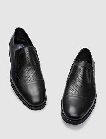 %100 Hakiki Deri Siyah Lazer Detaylı Erkek Klasik Ayakkabı