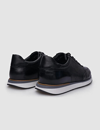 %100 Hakiki Deri Siyah Desenli Bağcıklı Erkek Sneaker