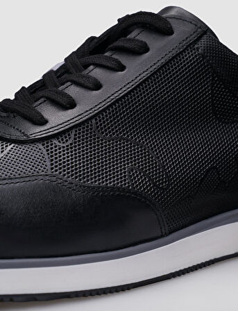 %100 Hakiki Deri Siyah Desenli Bağcıklı Erkek Sneaker