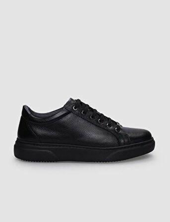 %100 Hakiki Deri Siyah Bağcıklı Erkek Sneaker