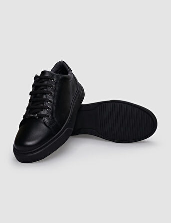 %100 Hakiki Deri Siyah Bağcıklı Erkek Sneaker