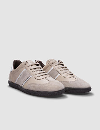 %100 Hakiki Deri Bej Bağcıklı Kadın Spor Ayakkabı