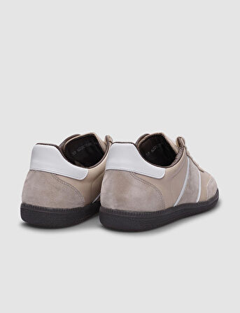 %100 Hakiki Deri Bej Bağcıklı Kadın Spor Ayakkabı