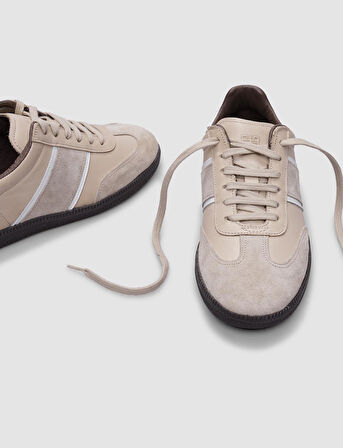 %100 Hakiki Deri Bej Bağcıklı Kadın Spor Ayakkabı