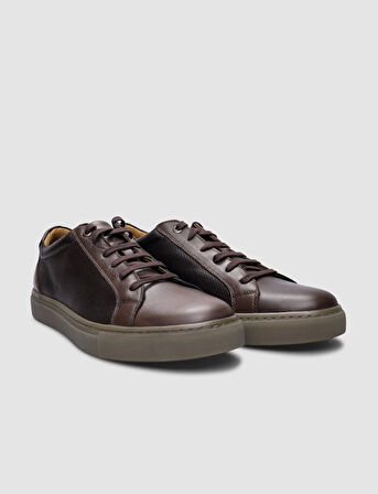 %100 Hakiki Deri Kahverengi Bağcıklı Erkek Sneaker