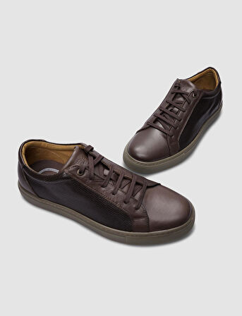 %100 Hakiki Deri Kahverengi Bağcıklı Erkek Sneaker