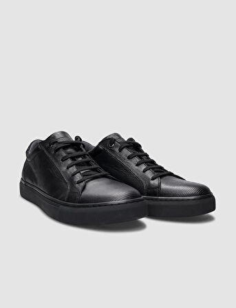 % 100 Hakiki Deri Siyah Bağcıklı Erkek Sneaker