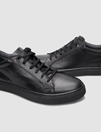 % 100 Hakiki Deri Siyah Bağcıklı Erkek Sneaker