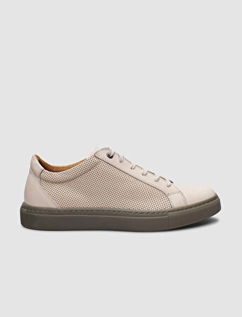 %100 Hakiki Deri Bej Bağcıklı Erkek Sneaker
