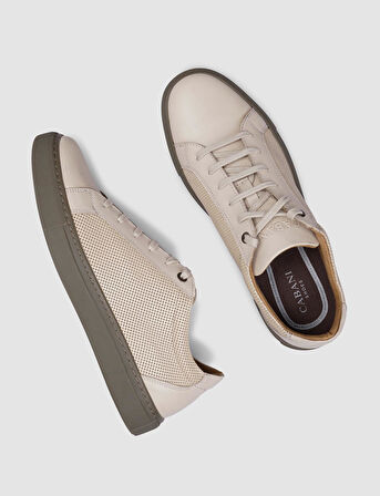%100 Hakiki Deri Bej Bağcıklı Erkek Sneaker