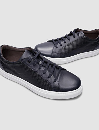 %100 Hakiki Deri Lacivert Bağcıklı Erkek Sneaker