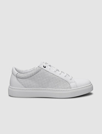 %100 Hakiki Deri Beyaz Kare Desenli Bağcıklı Erkek Sneaker