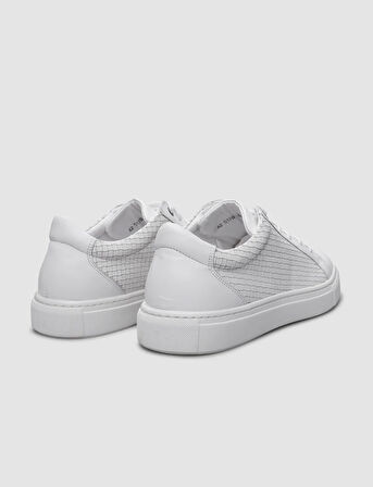 %100 Hakiki Deri Beyaz Kare Desenli Bağcıklı Erkek Sneaker