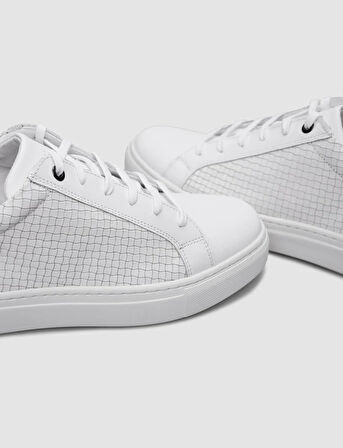 %100 Hakiki Deri Beyaz Kare Desenli Bağcıklı Erkek Sneaker