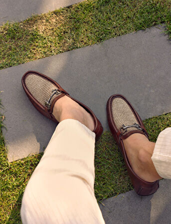 %100 Hakiki Deri Kahverengi Örgü Detaylı Erkek Loafer