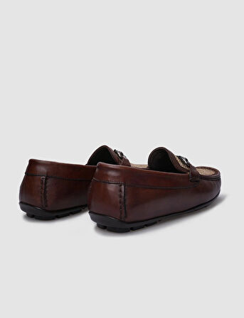 %100 Hakiki Deri Kahverengi Örgü Detaylı Erkek Loafer