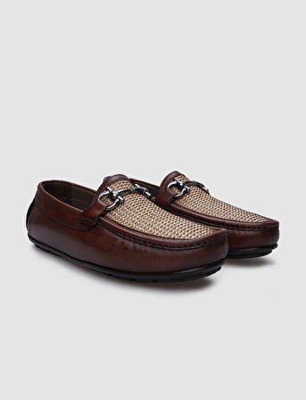 %100 Hakiki Deri Kahverengi Örgü Detaylı Erkek Loafer