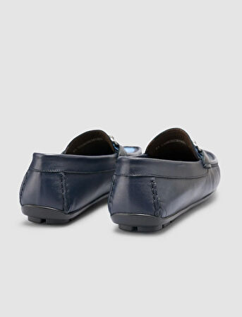 %100 Hakiki Deri Lacivert Örgü Detaylı Erkek Loafer