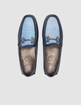 %100 Hakiki Deri Lacivert Örgü Detaylı Erkek Loafer