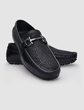 %100 Hakiki Deri Siyah Örgü Detaylı Erkek Loafer