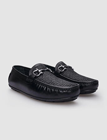 %100 Hakiki Deri Siyah Örgü Detaylı Erkek Loafer