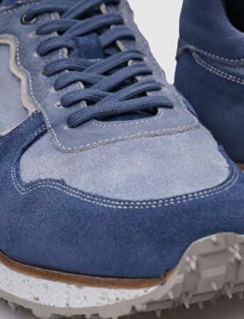 %100 Hakiki Deri Mavi Süet Bağcıklı Erkek Sneaker