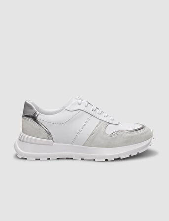 %100 Hakiki Deri Beyaz - Gümüş Bağcıklı Kadın Spor Ayakkabı