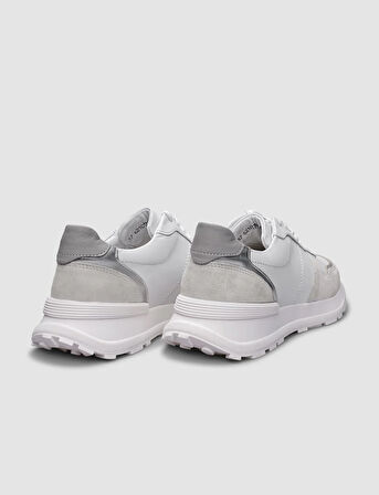 %100 Hakiki Deri Beyaz - Gümüş Bağcıklı Kadın Spor Ayakkabı