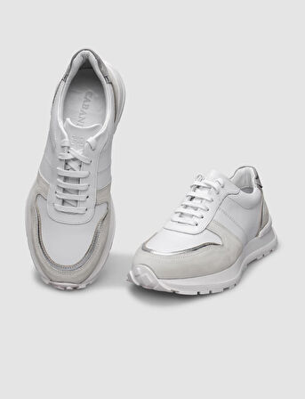 %100 Hakiki Deri Beyaz - Gümüş Bağcıklı Kadın Spor Ayakkabı