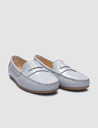 %100 Hakiki Deri Gri Rugan Kadın Loafer