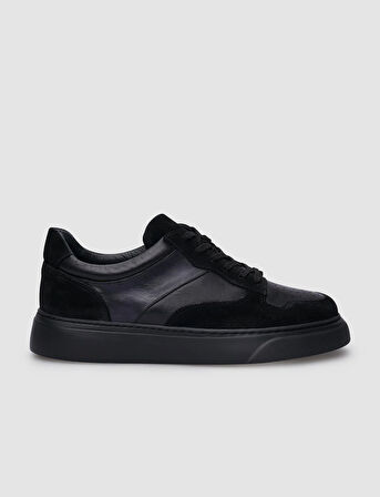 %100 Hakiki Deri Siyah Süet Bağcıklı Erkek Sneaker