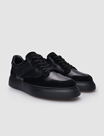 %100 Hakiki Deri Siyah Süet Bağcıklı Erkek Sneaker