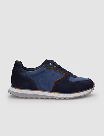 %100 Hakiki Deri Lacivert Süet Bağcıklı Erkek Sneaker