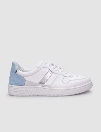 %100 Hakiki Deri Beyaz - Mavi Bağcıklı Kadın Sneaker