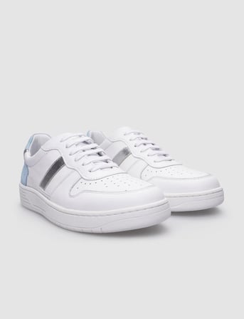 %100 Hakiki Deri Beyaz - Mavi Bağcıklı Kadın Sneaker