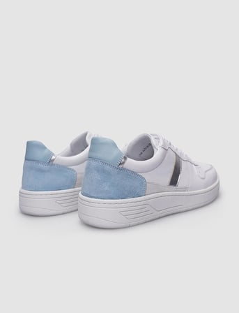 %100 Hakiki Deri Beyaz - Mavi Bağcıklı Kadın Sneaker