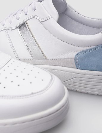 %100 Hakiki Deri Beyaz - Mavi Bağcıklı Kadın Sneaker
