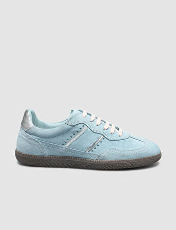 %100 Hakiki Deri Mavi Süet Bağcıklı Kadın Sneaker