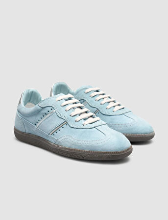 %100 Hakiki Deri Mavi Süet Bağcıklı Kadın Sneaker