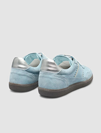 %100 Hakiki Deri Mavi Süet Bağcıklı Kadın Sneaker