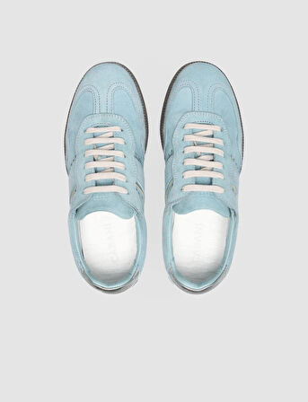 %100 Hakiki Deri Mavi Süet Bağcıklı Kadın Sneaker