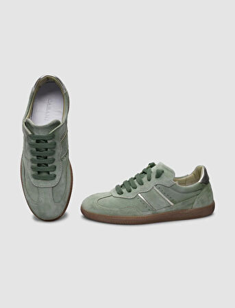 %100 Hakiki Deri Yeşil Süet Bağcıklı Kadın Sneaker