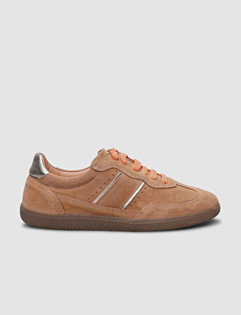 %100 Hakiki Deri Açık Turuncu Süet Bağcıklı Kadın Sneaker