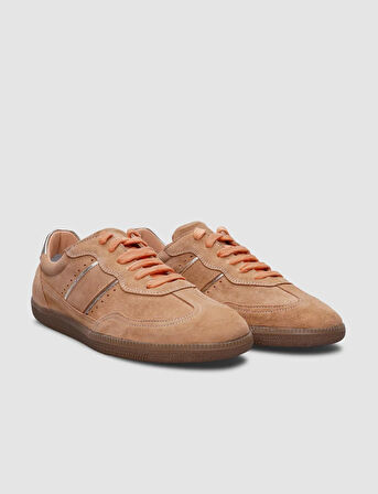 %100 Hakiki Deri Açık Turuncu Süet Bağcıklı Kadın Sneaker