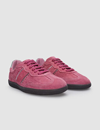 %100 Hakiki Deri Pembe Süet Bağcıklı Kadın Sneaker