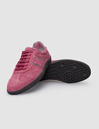 %100 Hakiki Deri Pembe Süet Bağcıklı Kadın Sneaker