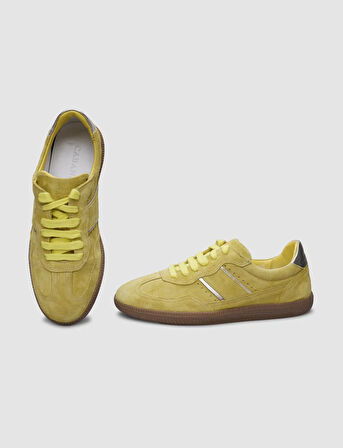 %100 Hakiki Deri Sarı Süet Bağcıklı Kadın Sneaker