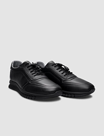  %100 Hakiki Deri Siyah Lastik Bağıcıklı Spor Erkek Ayakkabı